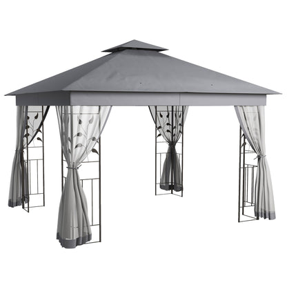 10' x 11.5' Metal Patio Gazebo, Double Roof Outdoor Gazebo Canopy Shelter with Tree Motifs Corner Frame and Netting, for Garden, Lawn, Backyard, and Deck, Gray