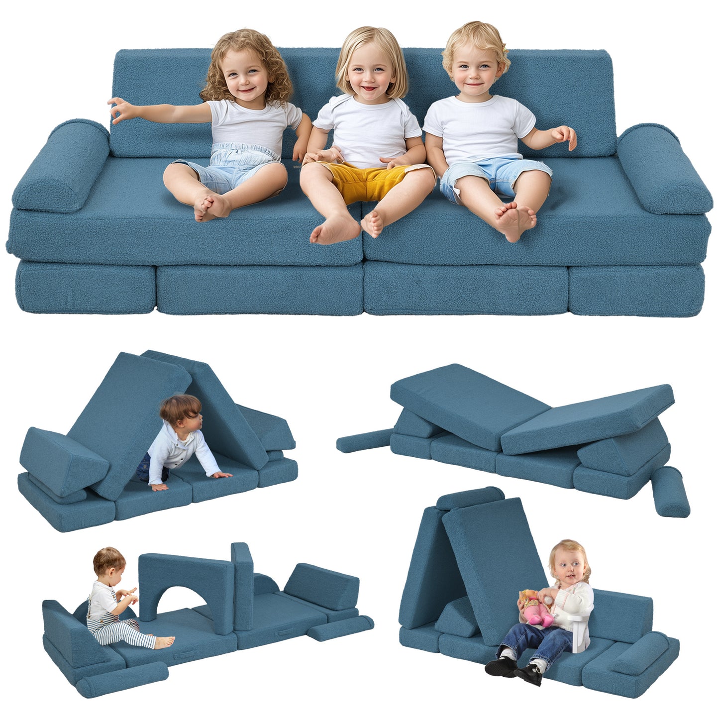12 Pcs Kids Modular Couch, Toddlers Couch Child Sectional Sofa, Playroom Bedroom Furniture for Boys and Girls, Blue
