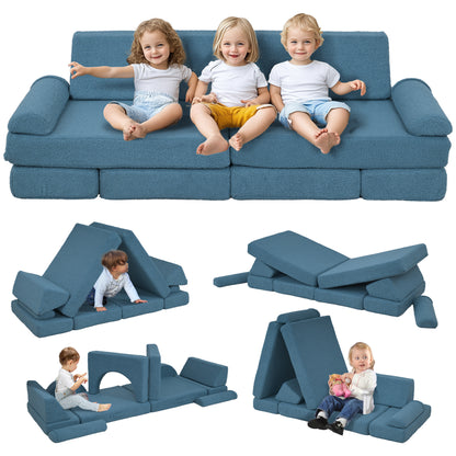 12 Pcs Kids Modular Couch, Toddlers Couch Child Sectional Sofa, Playroom Bedroom Furniture for Boys and Girls, Blue