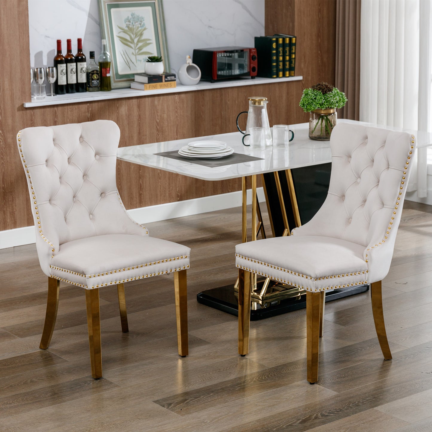Furniture,Nikki Collection Modern, High-end Tufted Solid Wood Contemporary Velvet Upholstered Dining Chair with Golden Stainless Steel Plating Legs,Nailhead Trim,Set of 2,Beige and Gold, SW1601BG