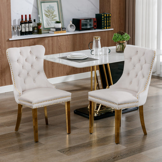 Furniture,Nikki Collection Modern, High-end Tufted Solid Wood Contemporary Velvet Upholstered Dining Chair with Golden Stainless Steel Plating Legs,Nailhead Trim,Set of 2,Beige and Gold, SW1601BG