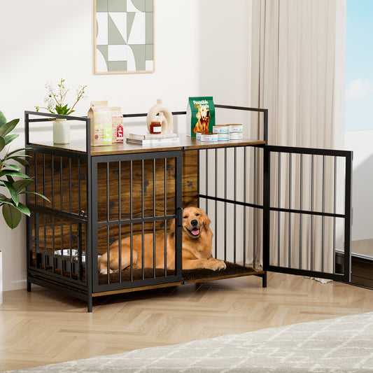 Dog Cage Furniture with Cushion, Dog Kennel Indoor with Rotating Feeder Bowls, Heavy Duty Indoor Puppy Cage Kennel for Medium to Large Dogs, 41' L X 23.6' W 35.8' H, Brown