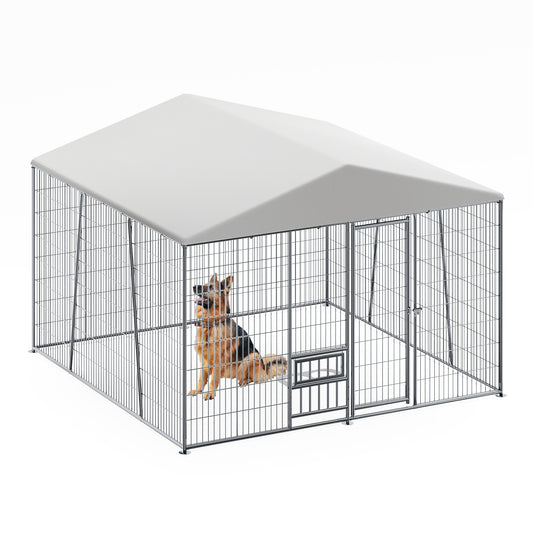 10 x 10-FT heavy-duty outdoor dog kennel with feeding bowl, full coverage waterproof roof, easy-to-assemble wire mesh fence with secure lock.